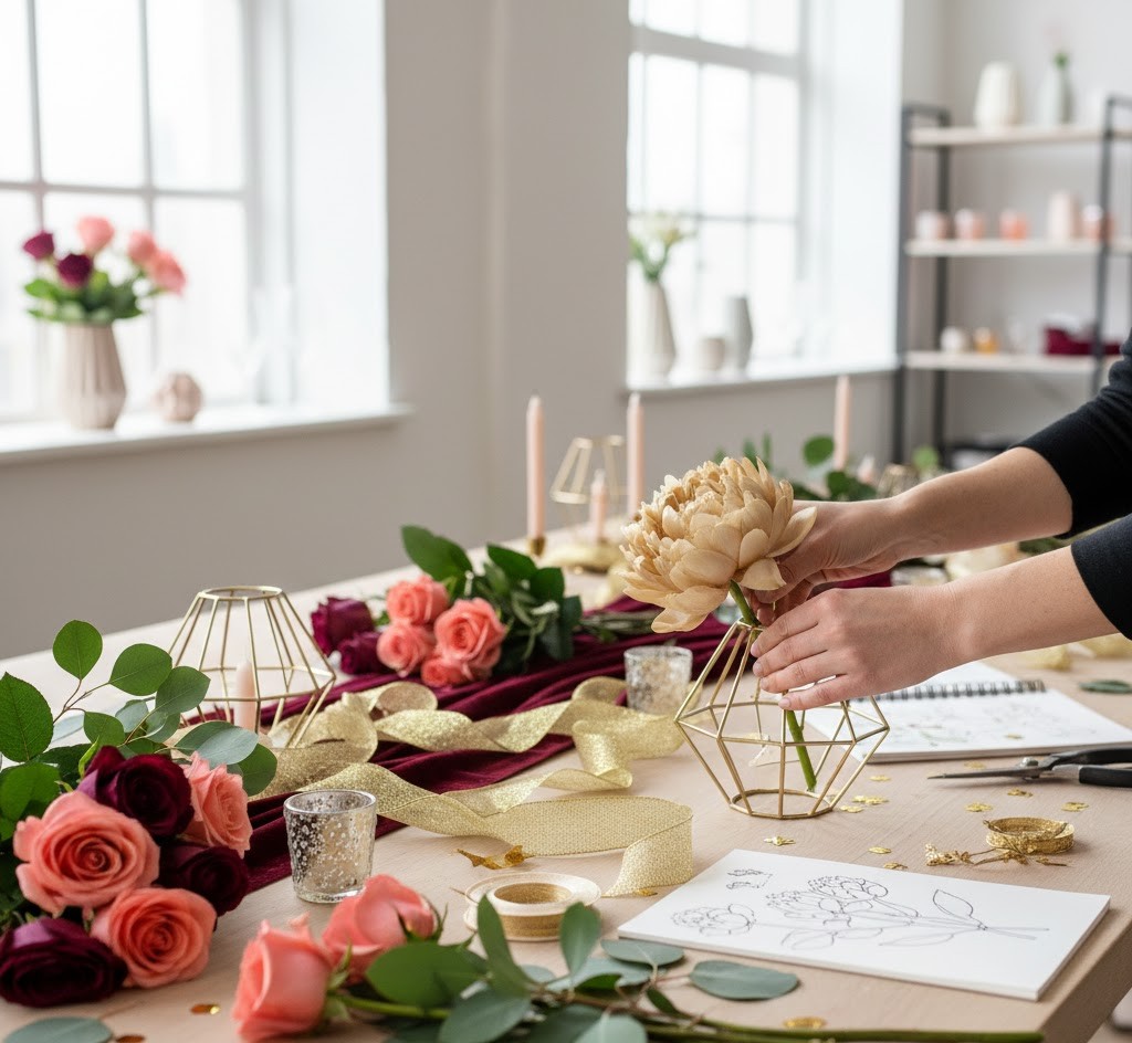 Artisan working on table decor arrangement