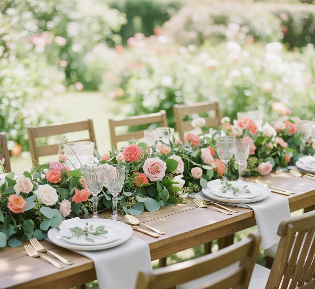 Outdoor garden party table decor
